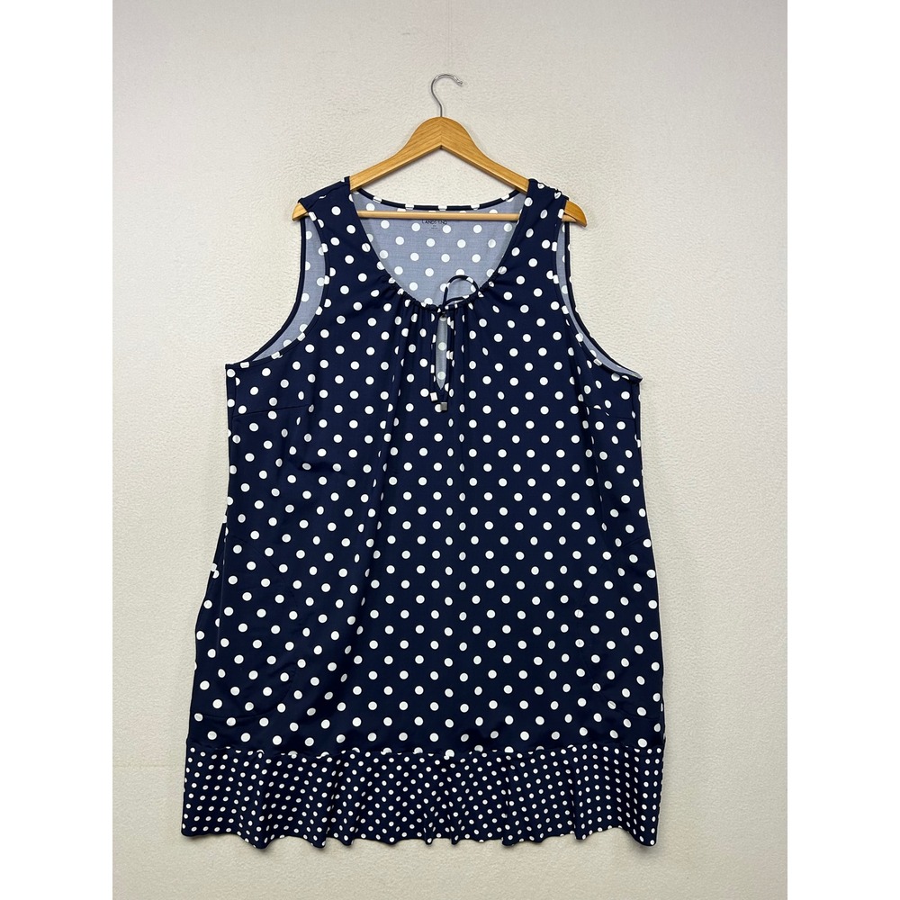 Retro Nautical Lands End Womens 3X Navy Blue White Polka Dot Swim Dress Cover Up